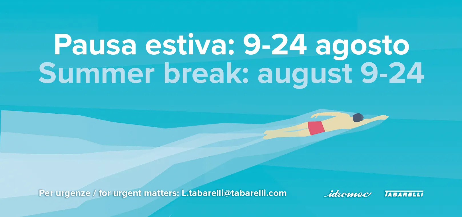 Pausa estiva 2025 Tabarelli Spa: comunicazione delle date di chiusura dal 9 al 24 agosto con illustrazione stilizzata di un nuotatore